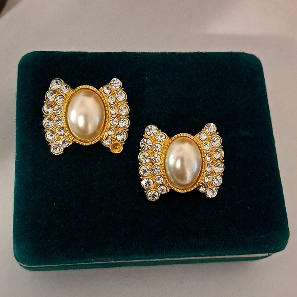 Vintage Gold and Rhinestone Pearl Pave Earrings - Picture 1 of 5